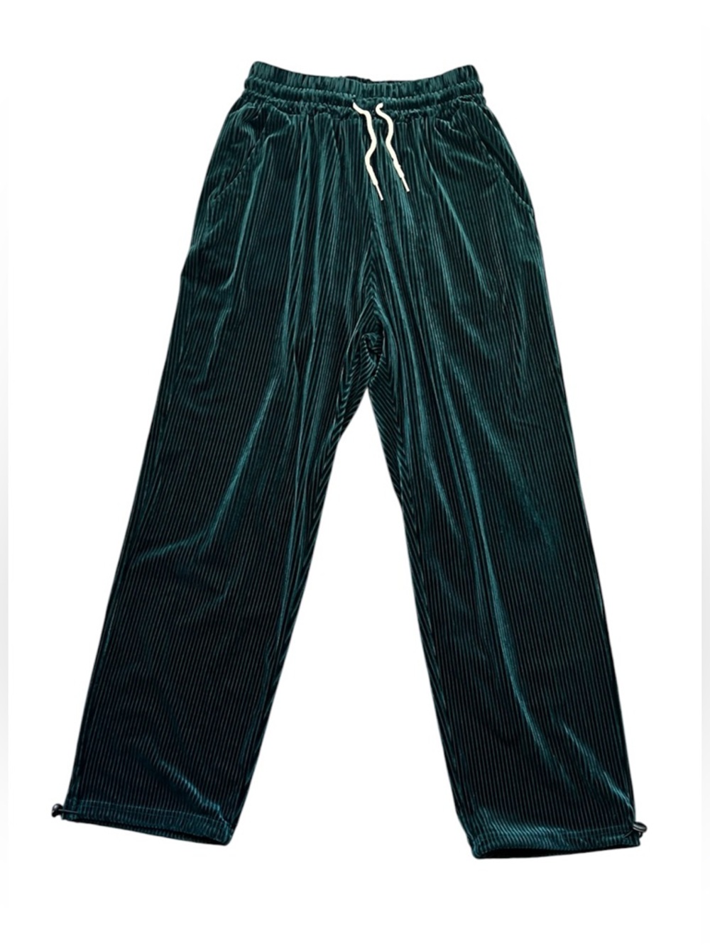 Neoity Velvet Ribbed Elastic Waist Drawcord Track Pants-Teal Green Free Size